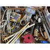Image 2 : SHELF LOT OF ASSORTED HARDWARE, ALUMINUM LEVEL, TIRE REPAIR KIT, COMPRESSION TESTER,