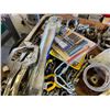 Image 8 : SHELF LOT OF ASSORTED HARDWARE, ALUMINUM LEVEL, TIRE REPAIR KIT, COMPRESSION TESTER,