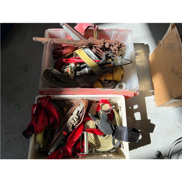 2 BINS OF ASSORTED RATCHET STRAP, 2 CHAIN EXTENSIONS & COME-A-LONG