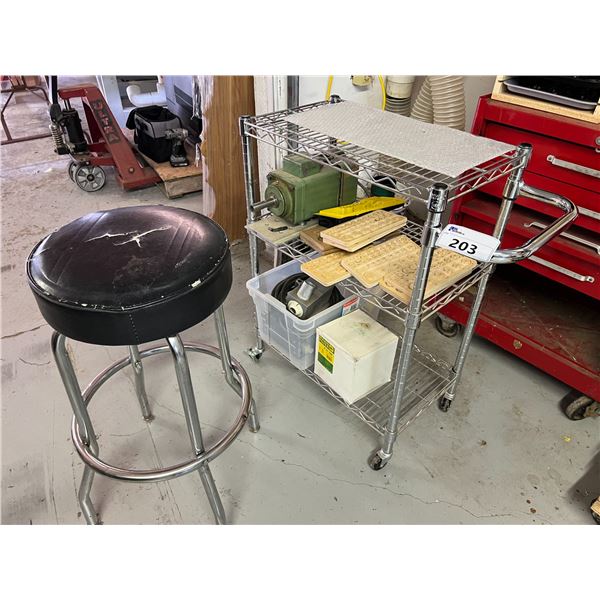 CHROME WIRED CART ON WHEELS WITH CONTENTS - PERSKE MOTOR & WORK STOOL
