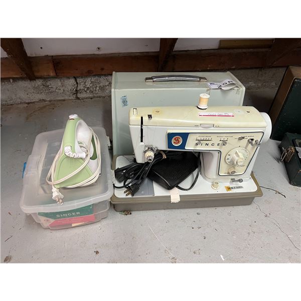 PORTABLE SINGER SEWING MACHINE WITH SMALL BIN OF ACCESSORIES & SUNBEAM IRON