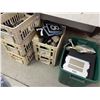 Image 1 : 6 PLASTIC BINS WITH ELECTRIC MOTORS, COFFEE GRINDER, BINDERS, ETC.