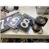 Image 2 : 6 PLASTIC BINS WITH ELECTRIC MOTORS, COFFEE GRINDER, BINDERS, ETC.