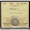 Image 1 : 1892 5¢ Obv 2 ICCS AU50.