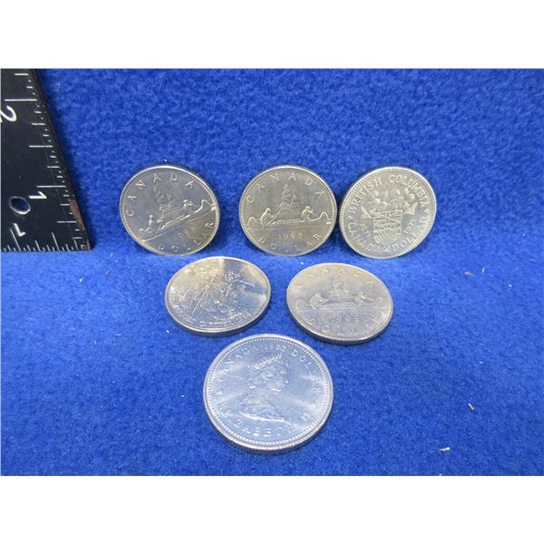 6 Canadian Dollar Coins - 1968 x 2, 1969, 1971, 1982, 1984