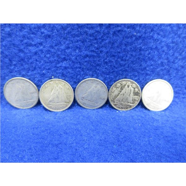 5 Canadian 10 Cent Pieces - 1938, 1943, 1943, 1944, 1949,