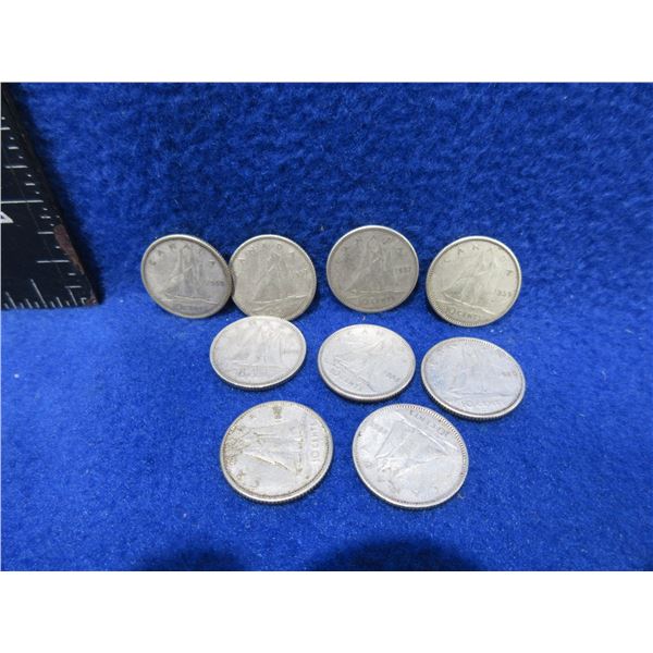 9 Canadian 10 Cent Pieces - 800 Silver