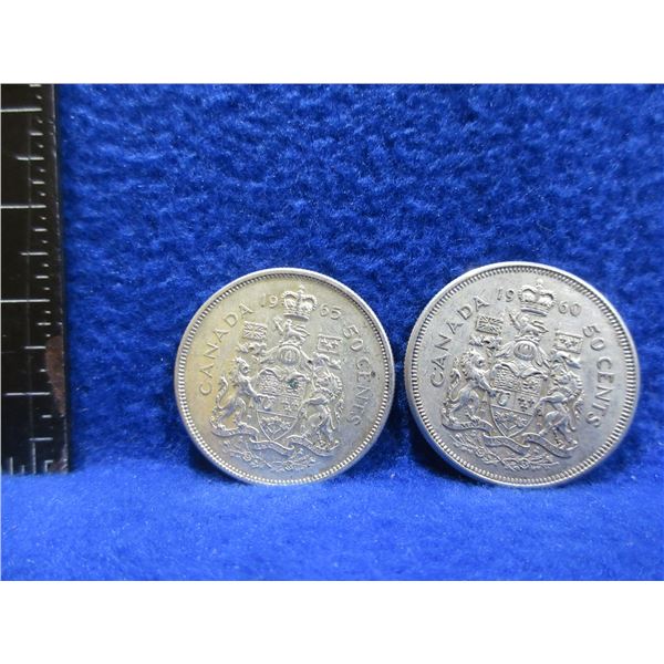 2 Canadian 50 Cent Pieces - 800 Silver - 1960, 1965