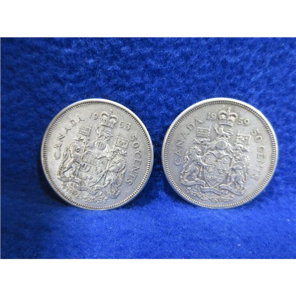 2 Canadian 50 Cent Pieces - 800 Silver - 1959, 1963