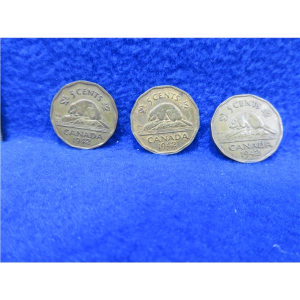 1942 - 3 Canadian 5 Cent Pieces - Tombac