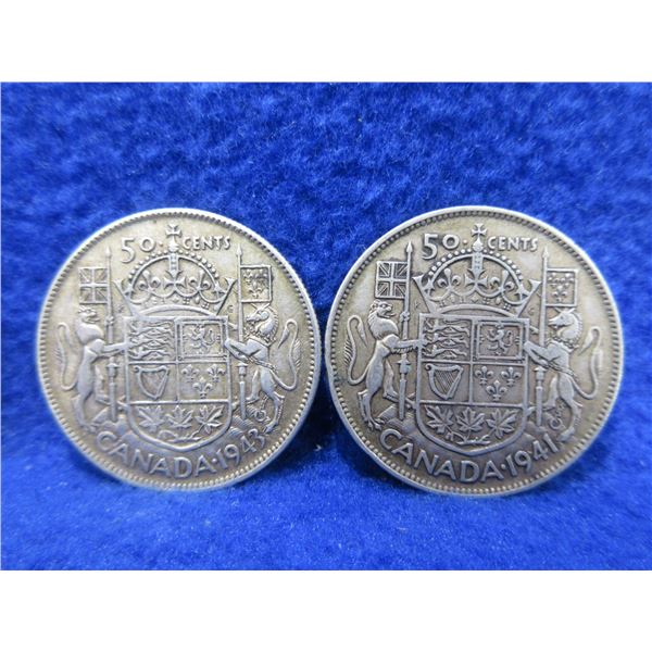 2 Canadian 50 Cent Pieces - 800 Silver - 1941, 1943