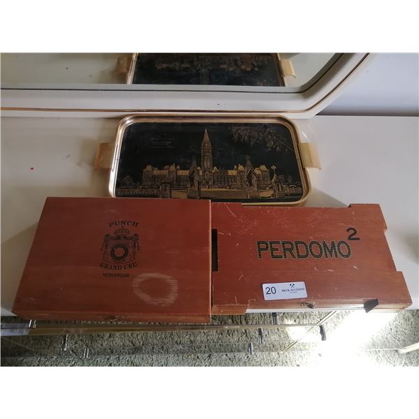 2 x Wooden Cigar Boxes and 1 x Canadian Parliament Building Metal Souvenir Tray