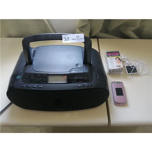 Sony CD/Radio Player (ZS-S2iP), BlackBerry Pearl Flip 8230, Sony Walkman (WM-FX193) and MP4 Player