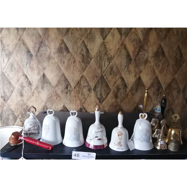 Assortment of Bells (Porcelain and Metal) and Vintage Red Wood Handle Tambourine