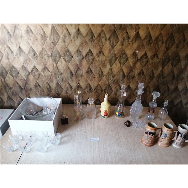 Assorted Barware - Beautiful Decanters, German Ceramic Beer Steins, Punchbowl and More!