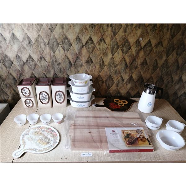 Corningware Casserole Dishes, Cutting Boards, and Flour/Sugar/Coffee Container Set