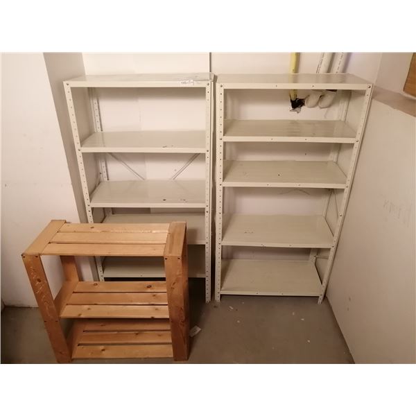 2 x Lightweight Metal Shelving Units and 1 x Small Wooden Shelving Unit