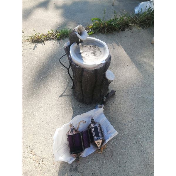 Tree Stump Look Garden Fountain and 2 x Purple Glass Hanging Tealight Holders