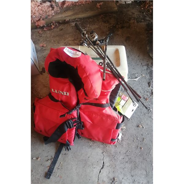 Lund Buoy-O-Boy Life Jacket and 2 x Tackle Boxes, 3 x Fishing Rods