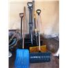 Image 1 : Wheelbarrow and Assortment of Snow Shovels and Tools