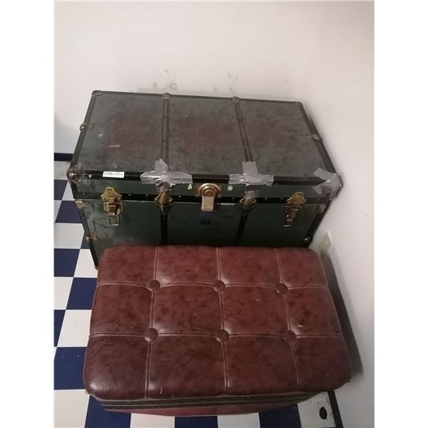 Large Metal Papered Chest and Leather-Style Ottoman