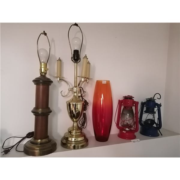 2 x Vintage Lamps, Orange/Red Vase, and 2 x Lanters