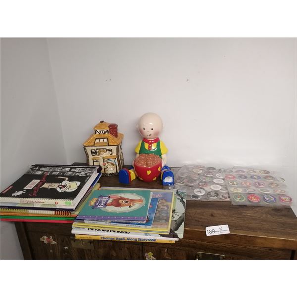 Pogs, 2 x Cookie Jars, and Assorted Children's Books