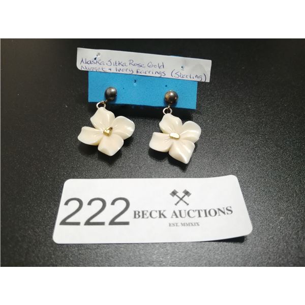 Vintage Alaska Sitka Rose Gold Nugget and Ivory Earrings - Sterling Silver
