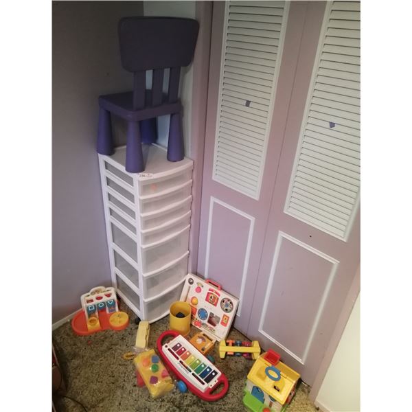 Assortment of Vintage 1980s Fisher-Price Toys - Also Includes Organizer and Kids Toy Chair