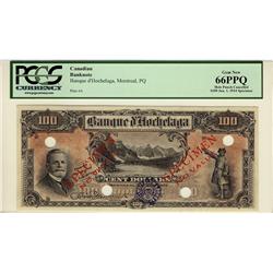 Banque D'Hochelaga, 1914 $100 SP, CH-360-22-10S, PCGS UNC66PPQ.  Best example seen by PMG.