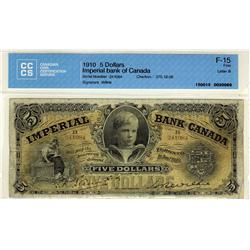 Imperial Bank of Canada, 1910 $5 #241084, CH375-12-06, CCCS F15. Best example seen by TCNC, rare and