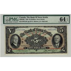 The Bank of Nova Scotia, 1929 $5 #2257101, CH-550-34-02, UNC 64 EPQ.  Best one seen by PMG. Vibrant