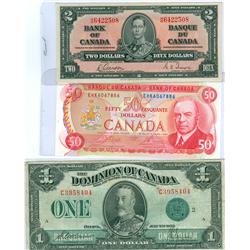1923 $1 DC-25j F/VF, 1937 $2 BC-22b EF/AU & 1975 $50 BC-51b UNC.  Lot of 3 notes all problem free.