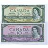 Image 1 : 1954 $10 BC-32a DF #CD9712303  $20 BC33a DF #AE3899553,  Lot of 2 notes EF to AU.