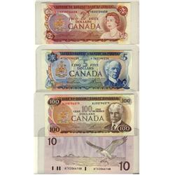 1974 $2 BC-47aA #*BA0706658, 1972 $5 BC-48bA #*SW2194224, 1975 $100 BC-52bA #*AJX0796379 & 1989 $10 