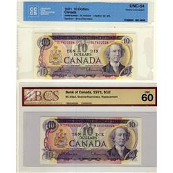 1971 $10 BC-49aA #*DB3145206 & BC49b #DL7422526.  Lot of 2 notes BCS graded UNC 60 and UNC 64 repect