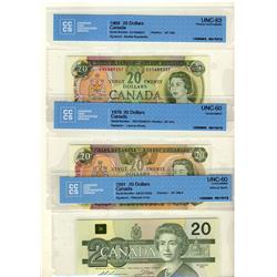 1969 $20 BC-50a, 1979 $20 BC-54a & 1991 $20 BC-58a-ii.  Lot of 3 CCCS graded notes UNC 63 and UNC 60