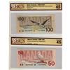 Image 1 : 1988 $50 BC-59aA EHX2985805 and 1988 $100 BC-60aA AJX1103943, Lot of two notes  All BCS EF45