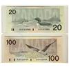 Image 1 : 1988 $100 BC-60aA #AJX1323769 & 1991 $20 BC-58aA-ii #AIX1613584.  Lot of 2 notes both Original UNCs.