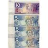 Image 1 : 2006 $5 BC-67a #APH2828282, #APN5151515, #APS7070707 & 2005 $10 BC-68a #BTL1818181.  Lot of 4 RADAR/