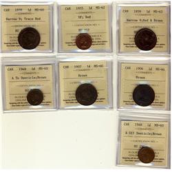 1859 Nar 9 & 1955 SF 1¢ MS62, 1859 Nar 9, 1906, 1907 & 1948 A To Dent MS60.   Lot of 7 coins all ICC