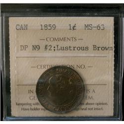 1859 1¢ DP N9 #2 ICCS MS63 Lustrous Brown.