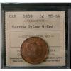Image 1 : 1859 1¢ Nar Low 9 ICCS MS64RD.  Superb example with strong lustre and 85% red.