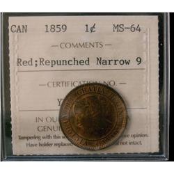 1859 1¢ Repunched Nar 9 ICCS MS64RD.