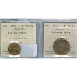 1915 & 1927 1¢ ICCS MS63 BN and RB.  Lot of 2 coins.