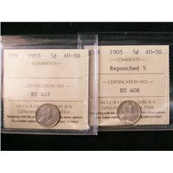 1903 & 1905 Repunched 5 5¢ ICCS AU50