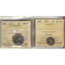 1904 5¢ & 1932 ICCS EF45.  Lot of 2 coins.