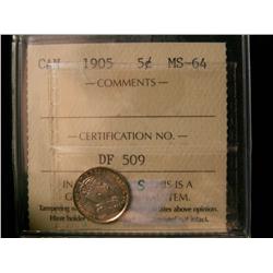 1905 5¢ ICCS MS64. Attractively toned. Very nice.
