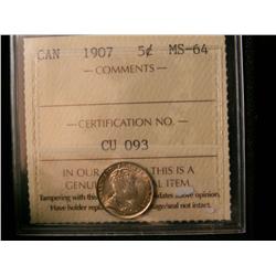 1907 5¢ ICCS MS64. A nice example.