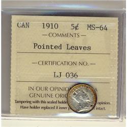 1910 5¢ Ptd Lvs ICCS MS64. Superb lustre.